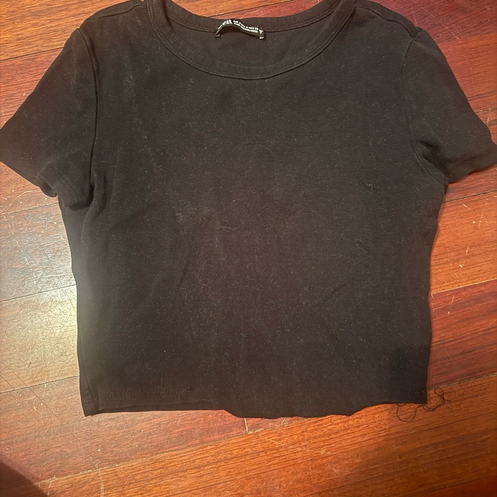 Zara Black Fitted Crop T-Shirt Short Sleeve